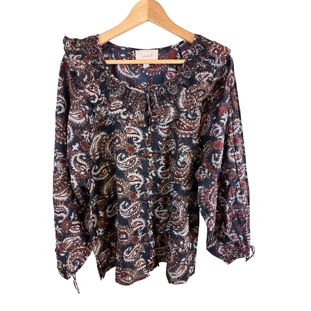 Cleobella Paisley Blouse Women XL Navy Blue Organic Cotton Boho